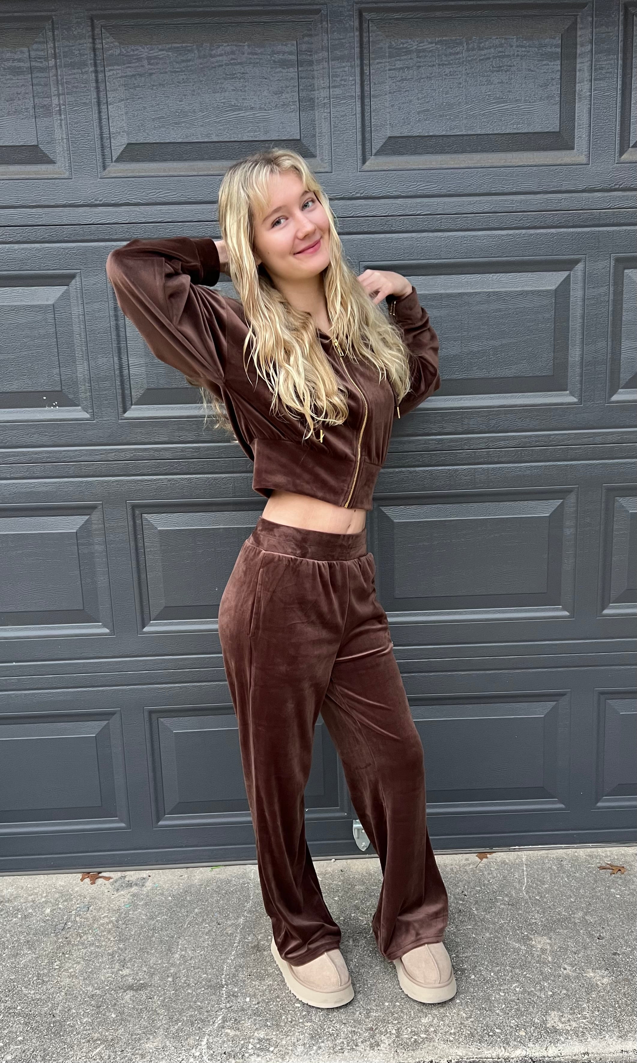 Vaughn Velvet Zip Up Crop Hoodie and Pants Set in Black