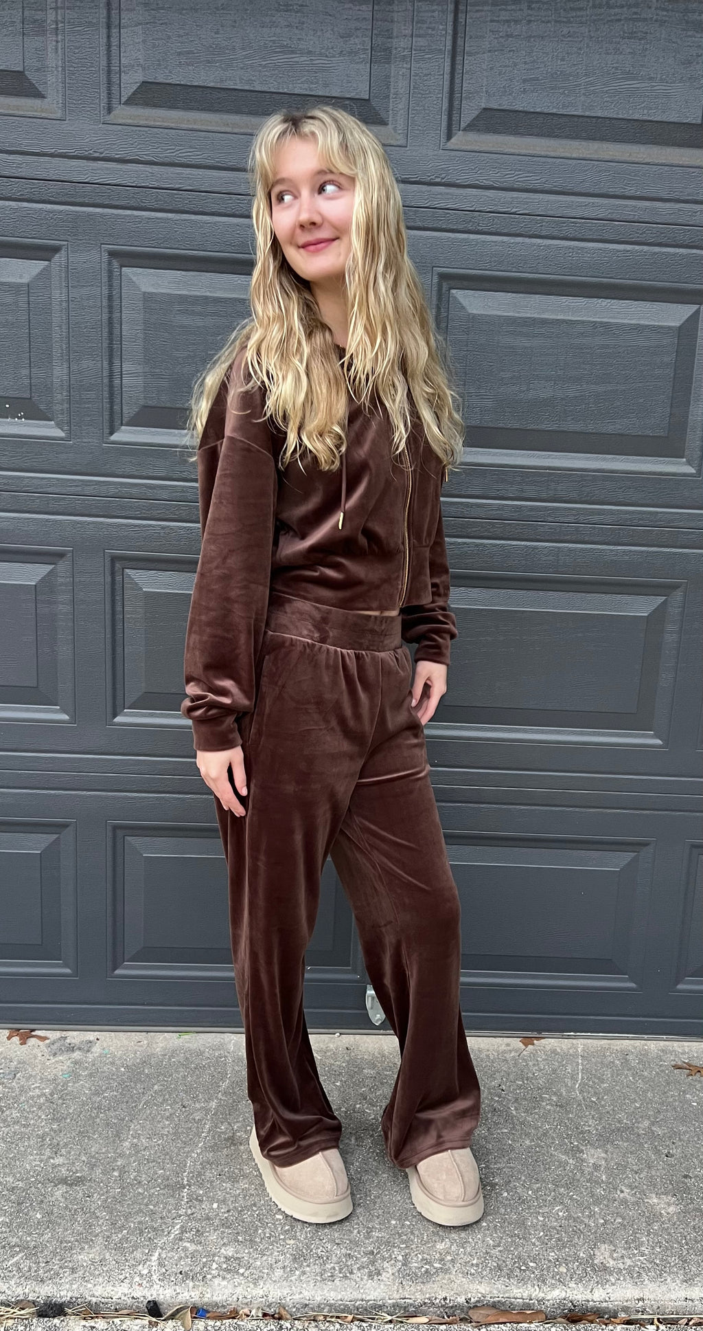 Vaughn Velvet Zip Up Crop Hoodie and Pants Set in Black