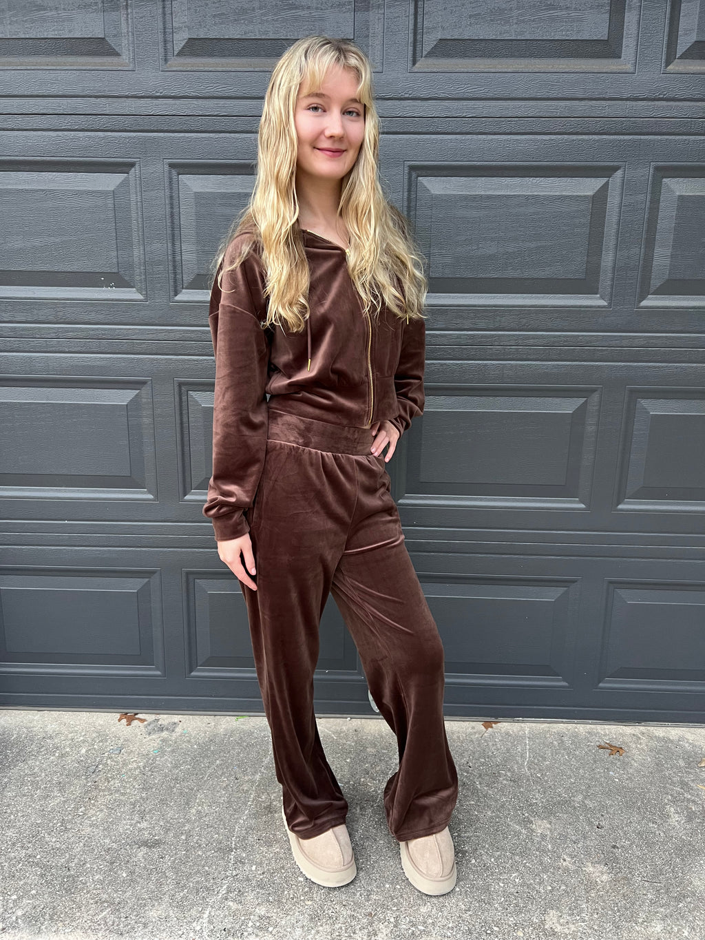 Vaughn Velvet Zip Up Crop Hoodie and Pants Set in Black