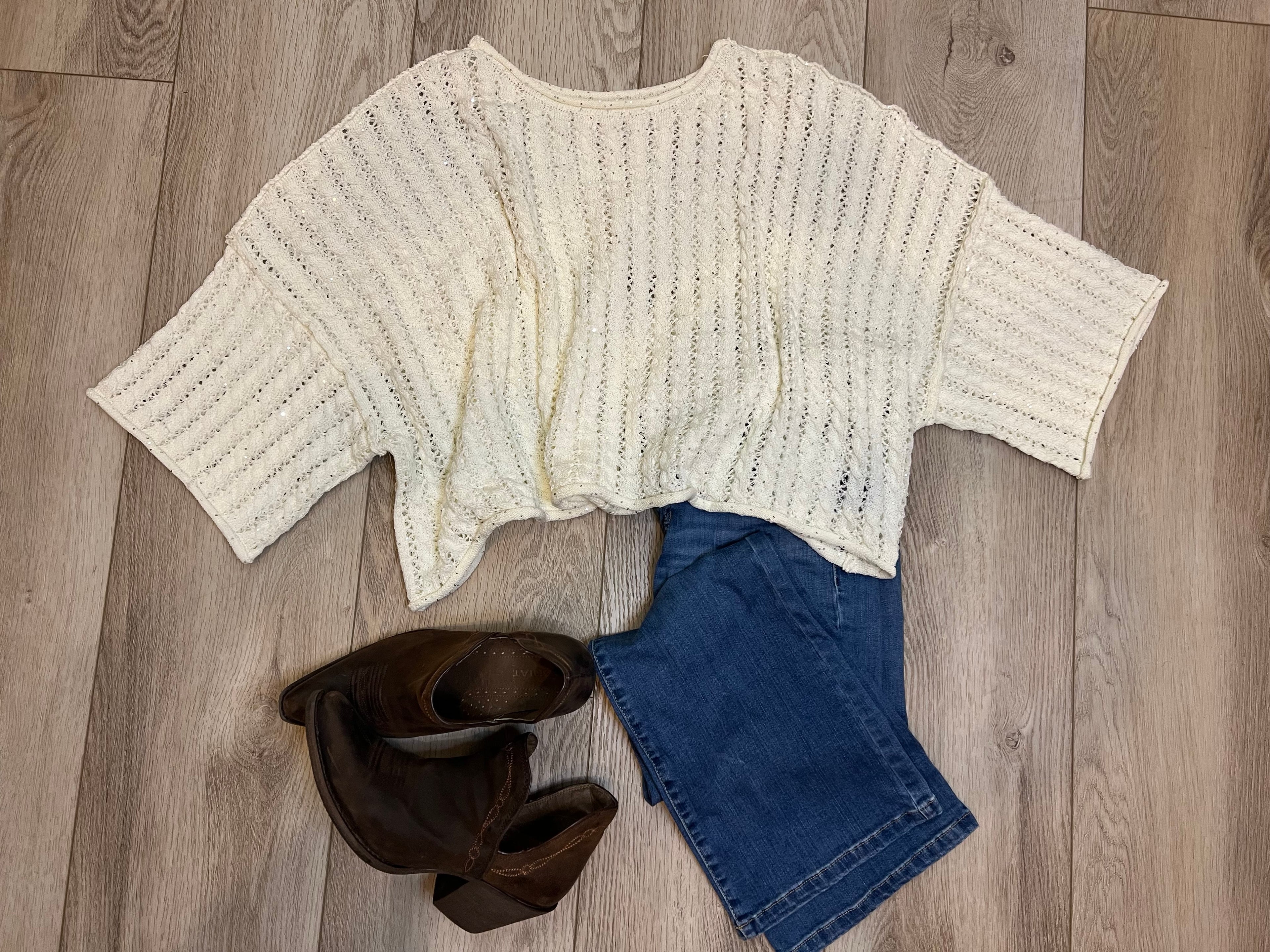Kyla Cable-Knit Openwork Round Neck Cropped Sweater