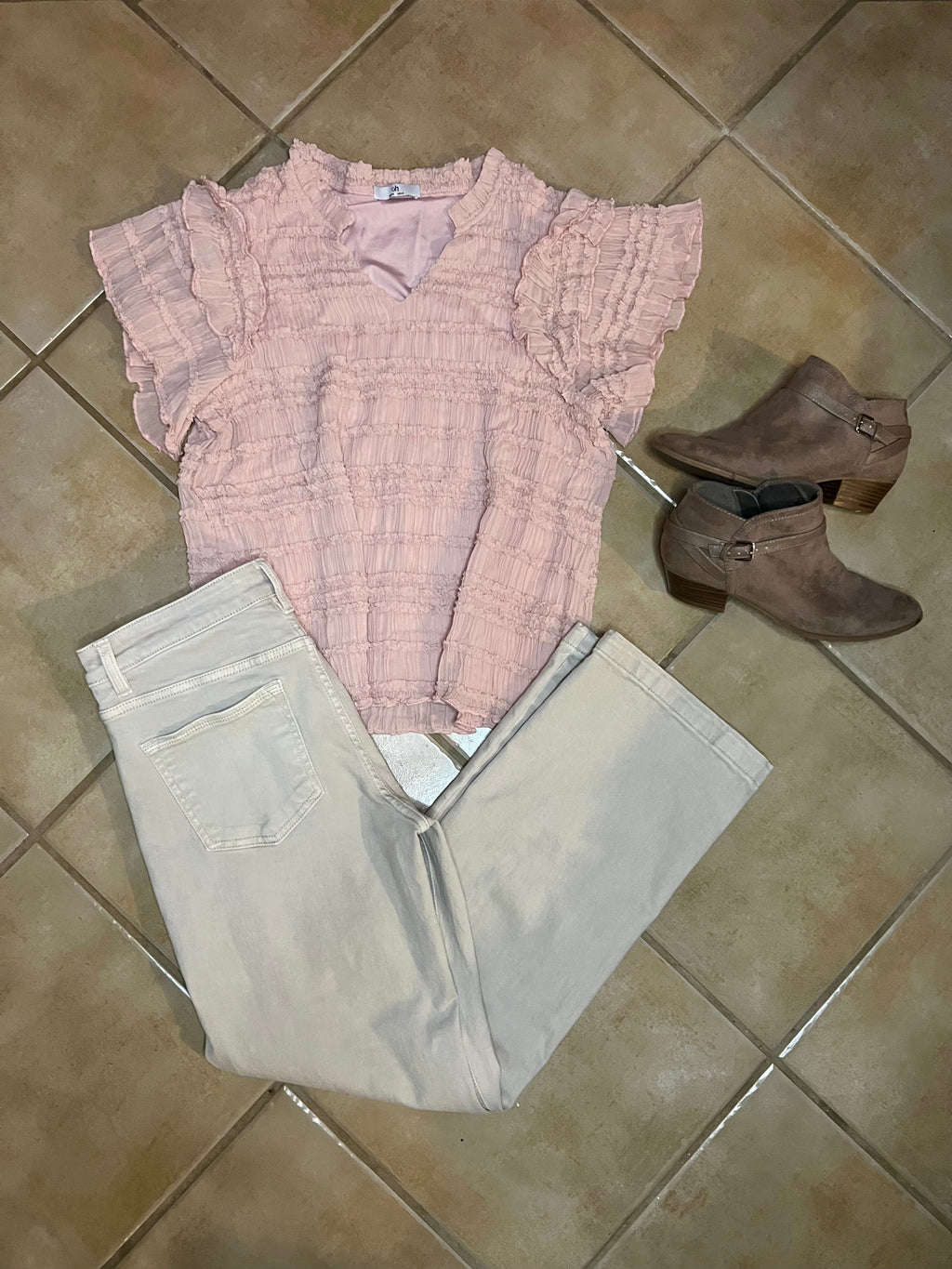 Tiffany Frill Notched Flounce Sleeve Blouse