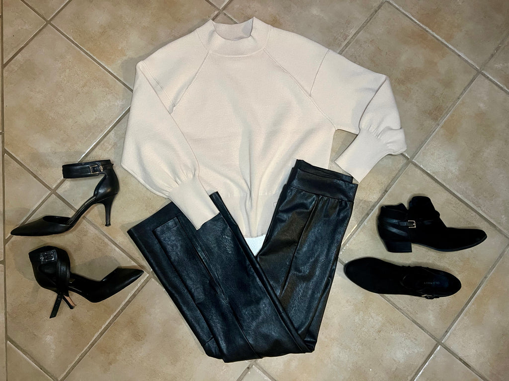 Riley Viscose Mock Neck Exposed Seam Sweater in Off White