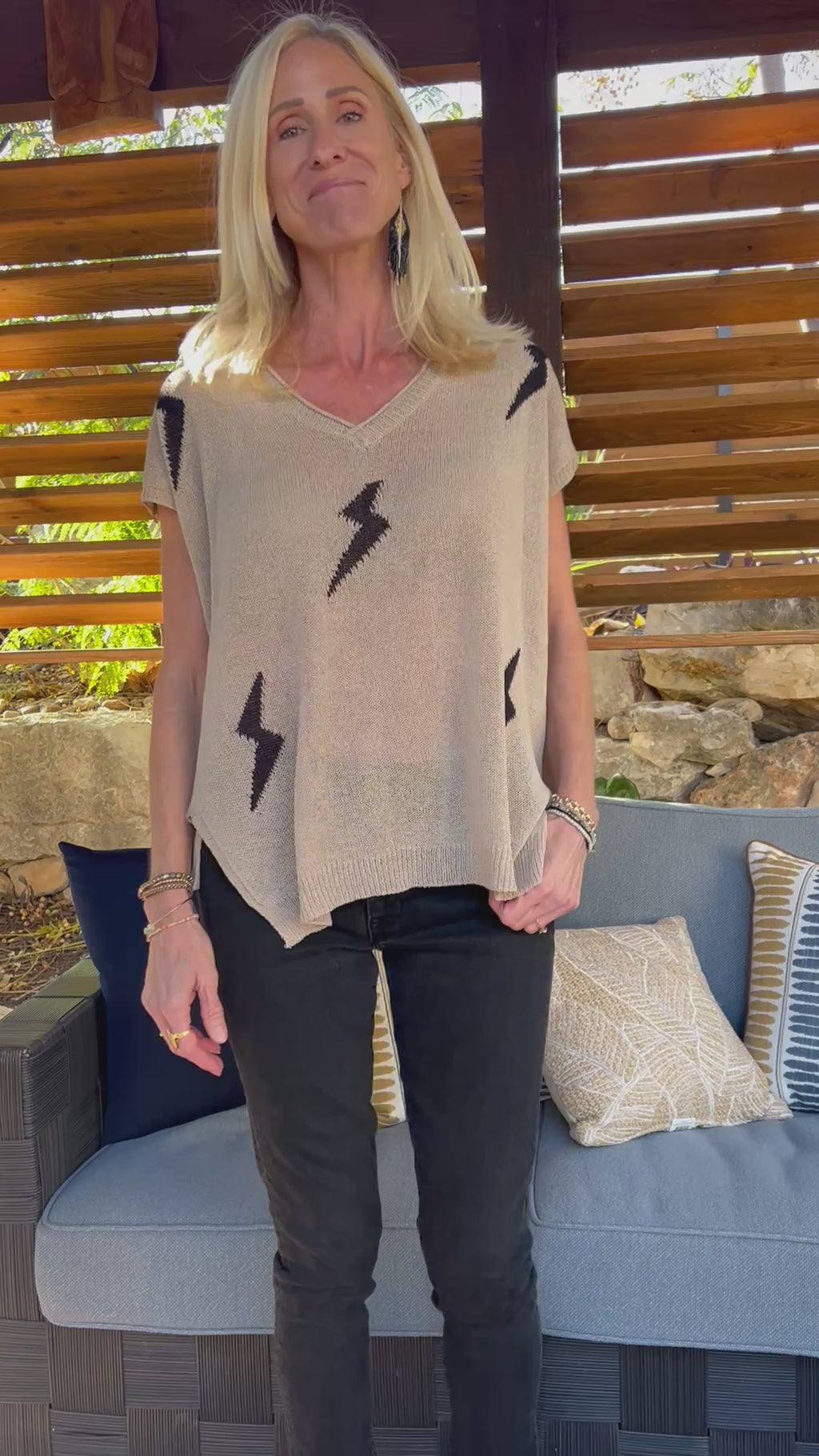 Electra Lightning Bolt V-Neck Short Sleeve Knit Top