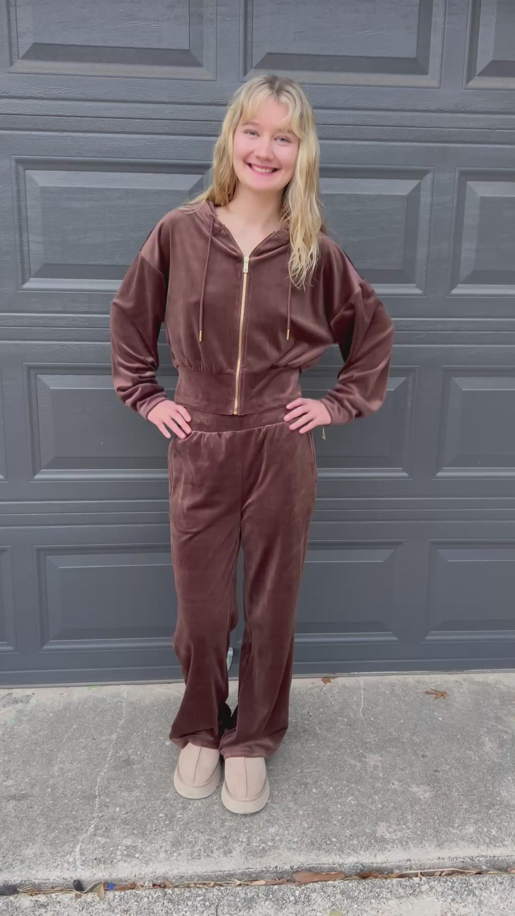 Vaughn Velvet Zip Up Crop Hoodie and Pants Set in Black