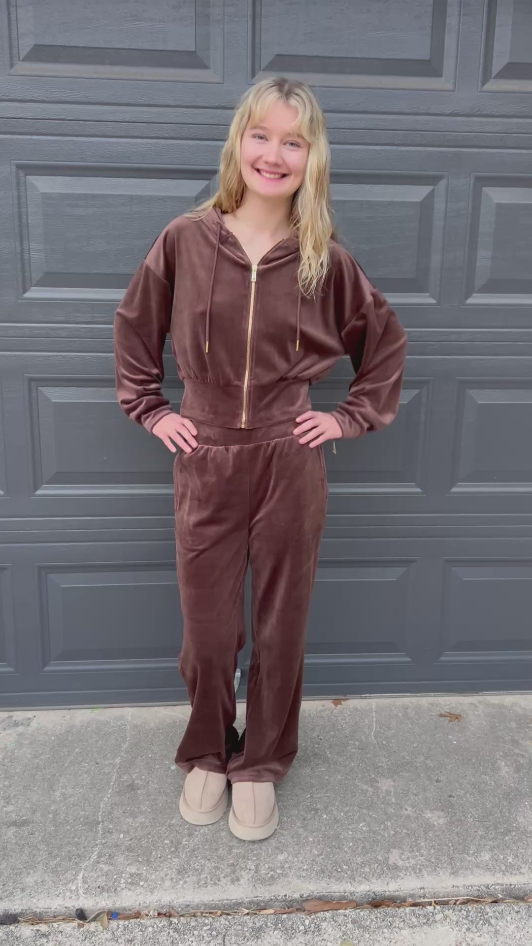 Vaughn Velvet Zip Up Crop Hoodie and Pants Set in Black